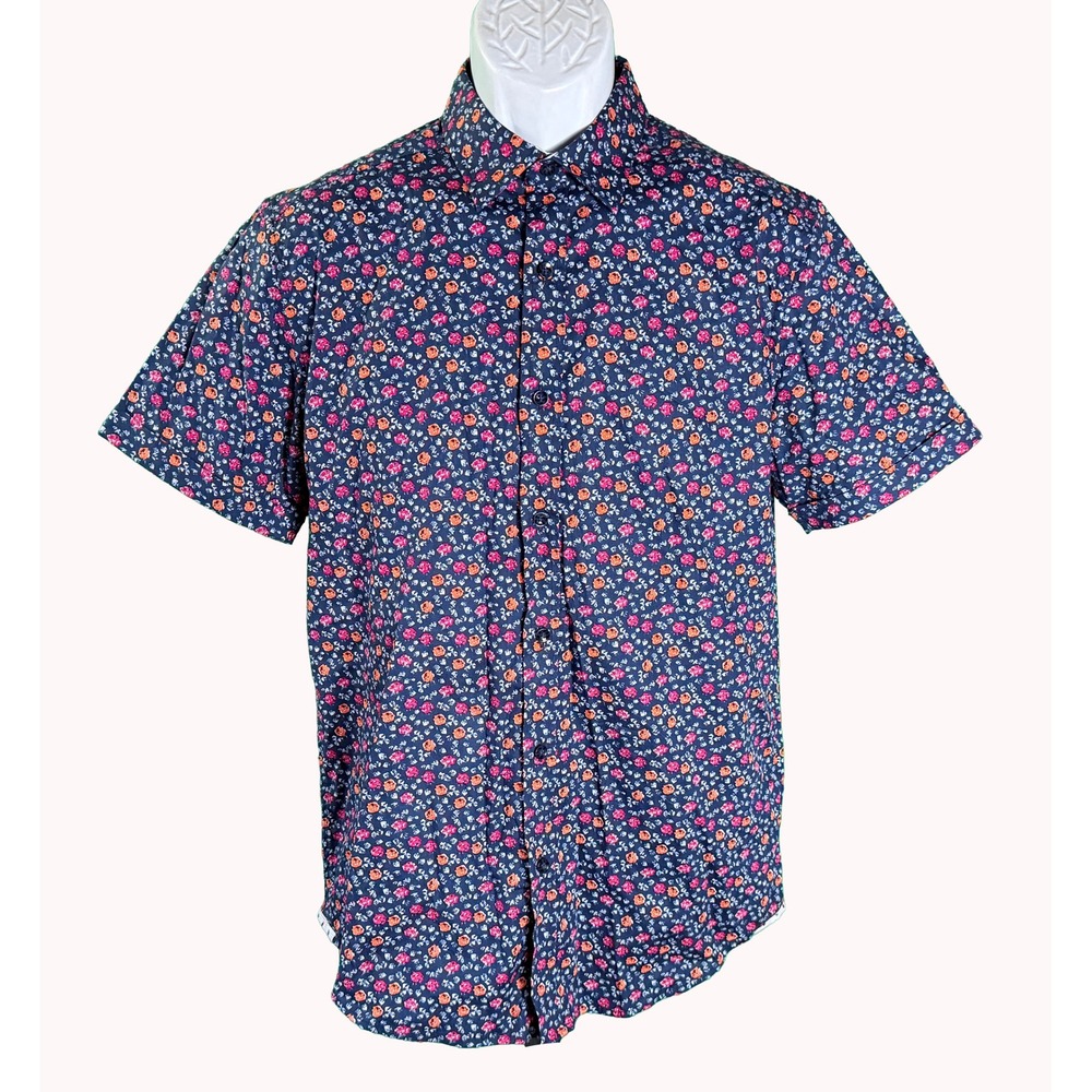 Robert Graham Button Down Shirt Mens M Navy Blue Floral SS Tailored Fit